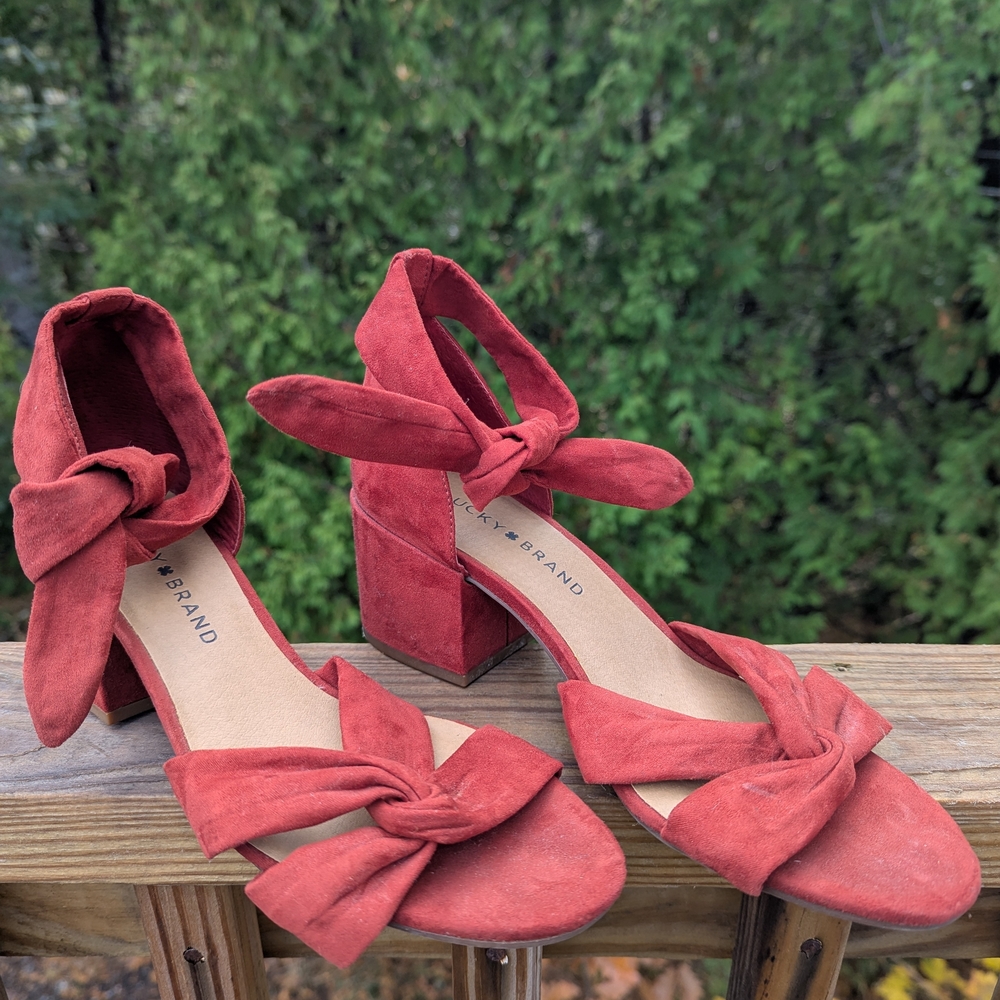 Lucky Brand Red Suede Ankle Tie Block Heels